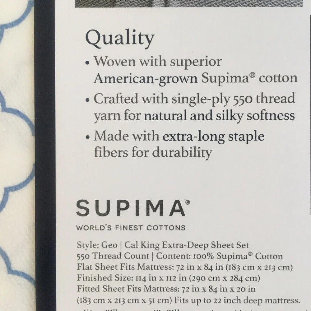 new ARABESQUE Charter Club 550 TC Cotton CAL KING X-Deep Sheet Set BLUE on WHITE